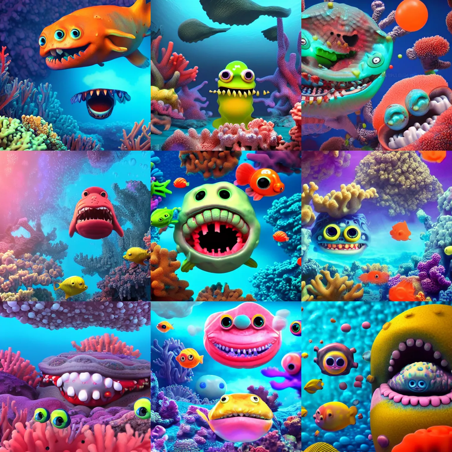 Prompt: colorful cloudy deep sea under water with strange cute friendly happy creatures with huge eyes, mouth, long tongue and round teeth appearing from sandy coral, 3 d render, realistic lights, rtx, unreal engine 5