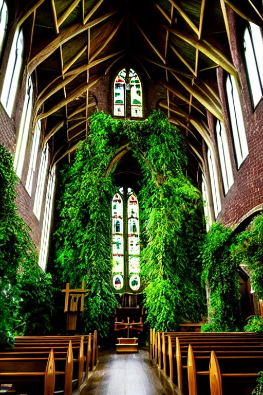 Image similar to photo inside a church overgrown by lush plants, ornate