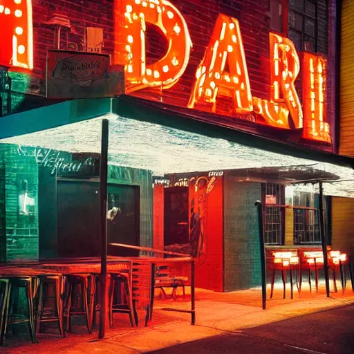 Prompt: painting of a bar exterior in old newyork with neon signs, todd hido