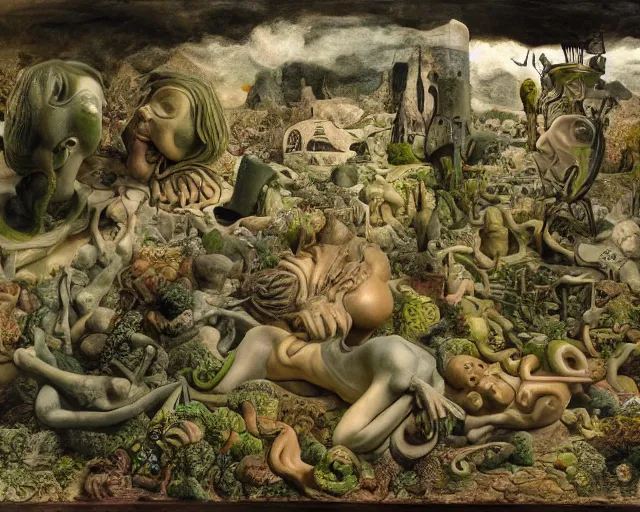 Prompt: a surreal landscape inhabited strange small figures in the background that get larger in the forgeound deep perspective perfect composition by hans bellmer, salvador dali, rachel ruysch