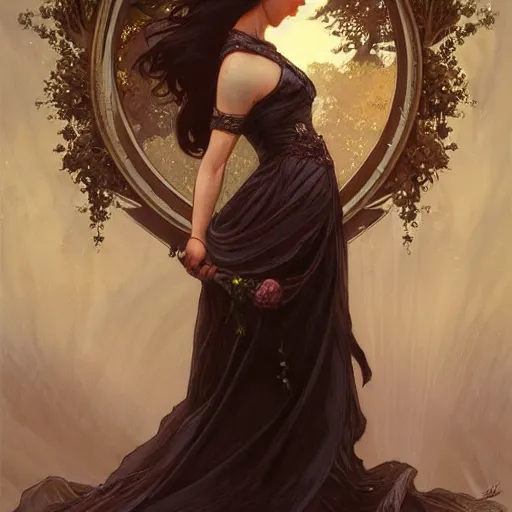 Prompt: a beautiful girl with dark hair and bangs, wearing a wedding dress, royal gardens background, fantasy, intricate, elegant, highly detailed, digital painting, artstation, concept art, matte, sharp focus, illustration, art by Artgerm and Greg Rutkowski and Alphonse Mucha