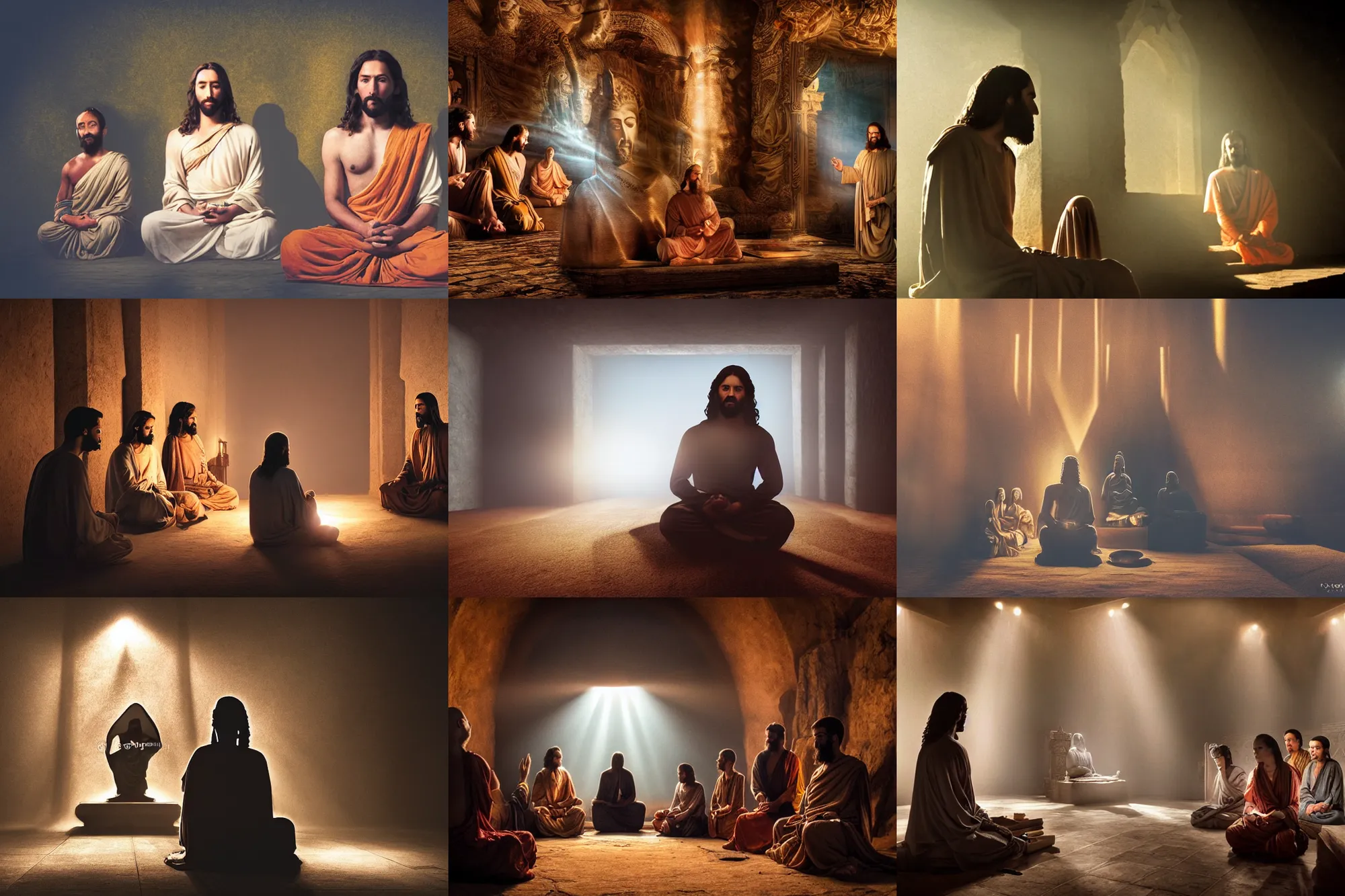 Prompt: a cinematic wideangle portrait of jesus sitting with buddha and krishna, fog filled, spotlights shine down from the watchtowers, perfectly lit face, ultra realistic, depth, beautiful lighting