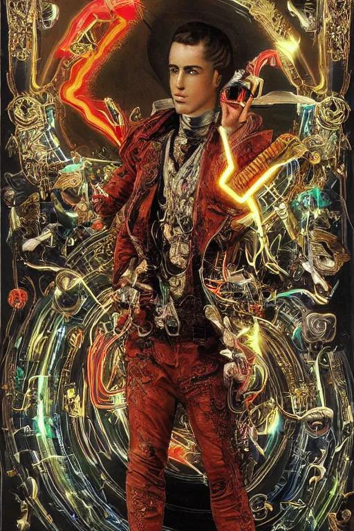 Image similar to full-body bladerunner style sculpture of a young handsome Portuguese prince as a half cibernetic android with a chest opening exposing circuitry and electric sparks, glowing laser beam eyes, crown of giant diamonds, flowing neon-colored silk, fabric, raptors. baroque elements. full-length view. baroque element. intricate artwork by caravaggio. many many birds birds on background. Trending on artstation, octane render, cinematic lighting from the right, hyper realism, octane render, 8k, depth of field, 3D