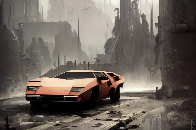 Image similar to dieselpunk countach, highly detailed, digital painting, artstation, concept art, sharp focus, illustration, art by raphael lacoste and greg rutkowski