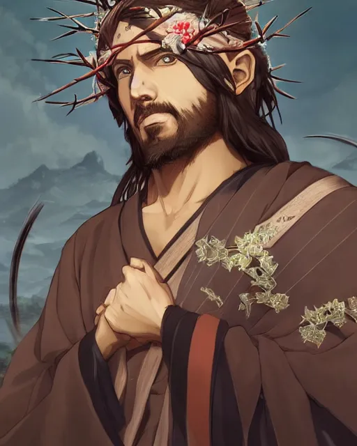 Image similar to an anime portrait of jesus as a beautiful man wearing a kimono and a crown of thorns from skyrim, by stanley artgerm lau, wlop, rossdraws, james jean, andrei riabovitchev, marc simonetti, and sakimichan, trending on artstation