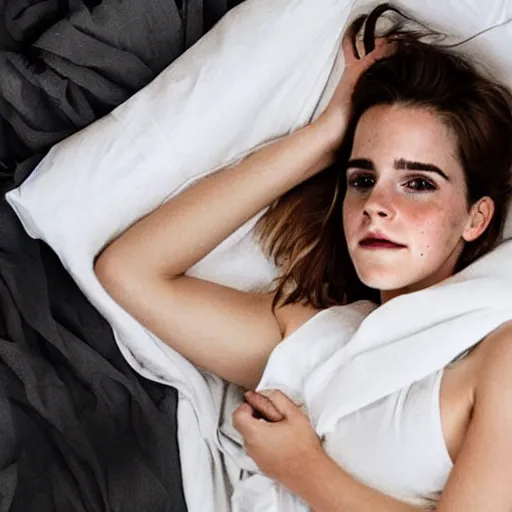 Image similar to emma watson in bed, under a white blanket, bare shoulders, freckles, no makeup, no filter, natural skin, messy hair, sleepy, smiling sheepishly