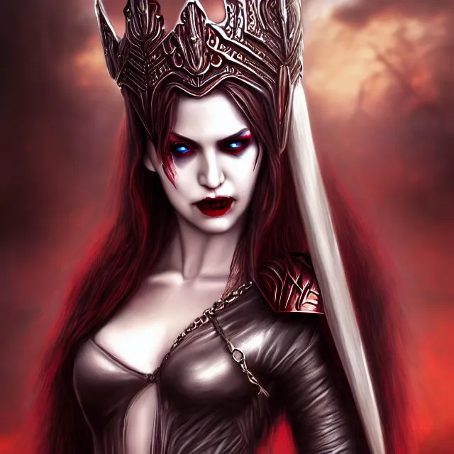 Prompt: beautiful vampire warrior queen, highly detailed, 8 k, hdr, award - winning, trending on artstation, anne stokes, photorealistic