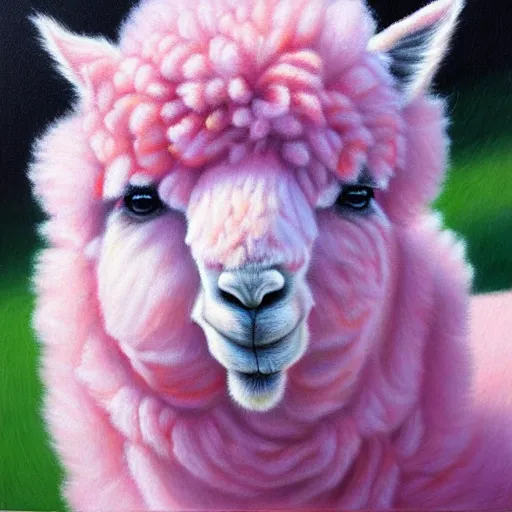 Image similar to fluffy pink alpaca, hyperrealism oil painting