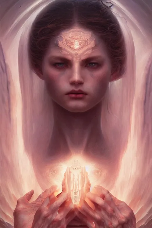 Image similar to Portrait of beautiful pale demonic angelic girl warhammer 40000, cinematic lighting, intricate, elegant, highly detailed, digital painting, artstation, smooth, sharp focus, illustration, art by artgerm and greg rutkowski and zdislav beksinski and alphonse mucha and Wayne Barlowe and william-adolphe bouguereau