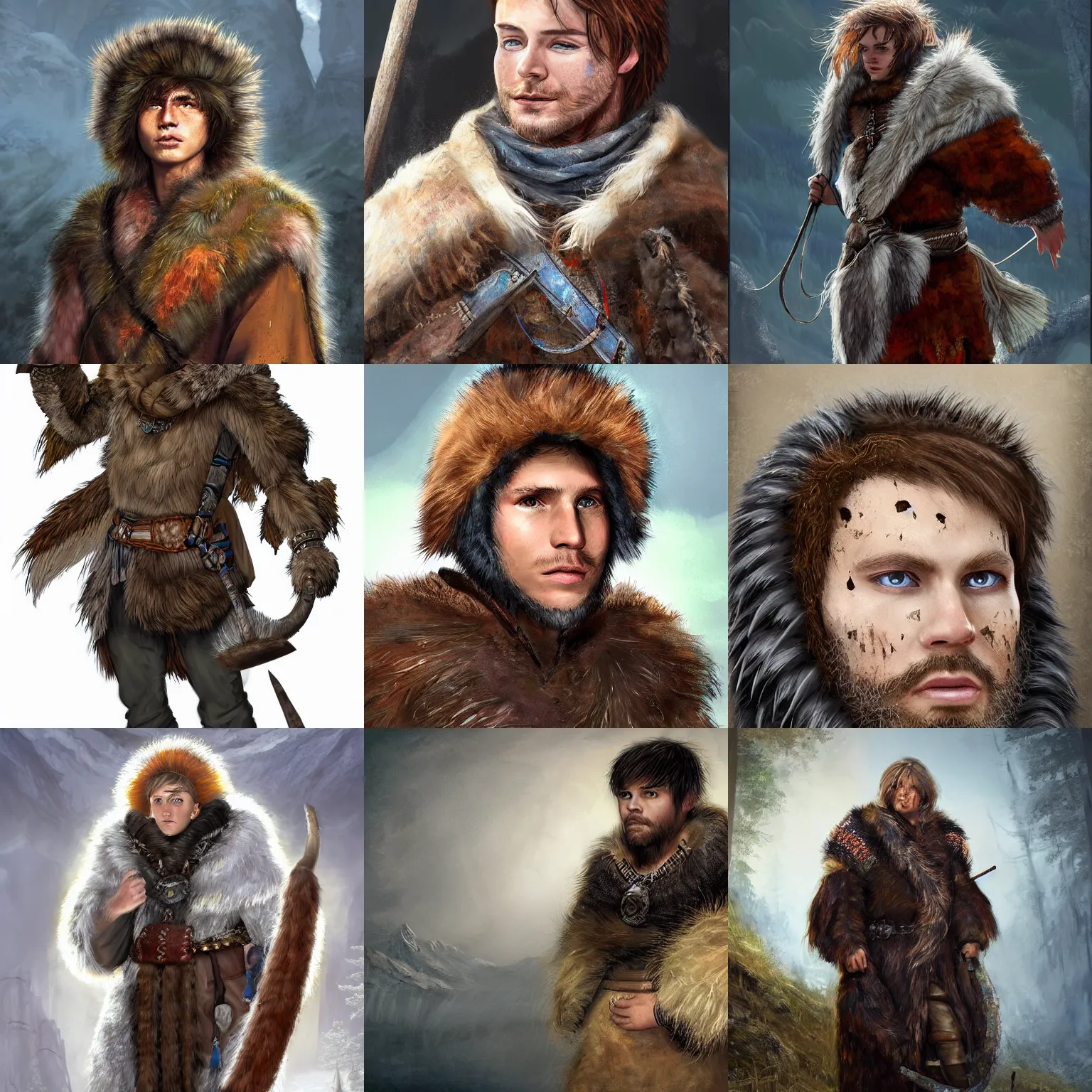 Prompt: Bjørn Skalldrasson, a young male adventuring shaman wearing too much gear, many trinkets, and a well-worn bearskin cloak, portrait, shaggy haircut, 8k resolution, full-length portrait, digital painting, fantasy illustration, D&D character art
