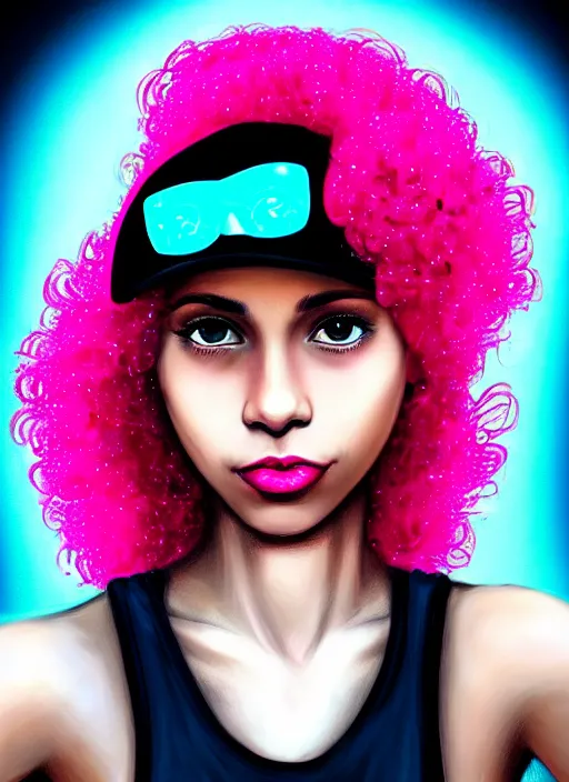 Image similar to portrait of teenage vanessa morgan with bright pink hair, black girl, curly pixie cut hair, wearing newsboy cap, pink short haircut, newsboy cap, hoop earrings, blue eyes, intricate, elegant, glowing lights, highly detailed, digital painting, artstation, concept art, smooth, sharp focus, illustration, art by wlop, mars ravelo and greg rutkowski