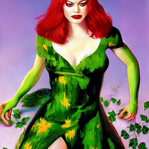 Prompt: portrait of emma stone as poison ivy, wearing a green dress and floral growths, epic details by alex ross