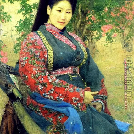 Prompt: portrait of asian beautiful woman masterpiece painting by vasnetsov and surikov, JEAN-VICTOR BERTIN, by Terence Cuneo, detailed, t artfully traced