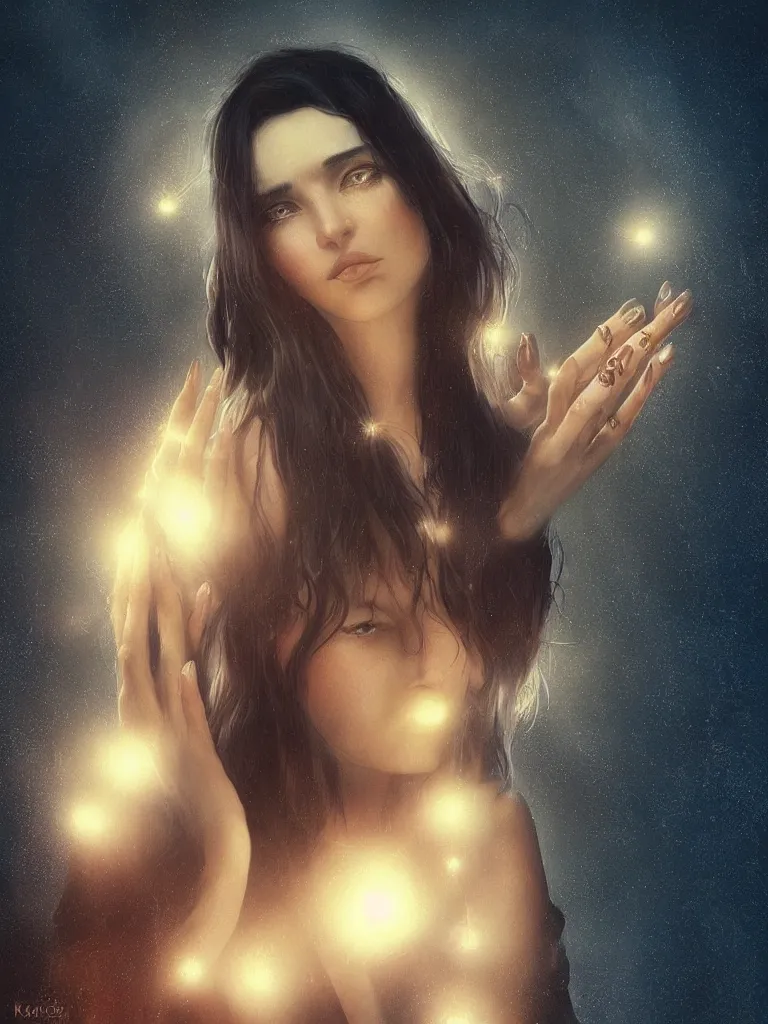 Image similar to instagram photo of a beautiful russian girl with short dark hair, pierced nose and very long fingernails, by karol bak, photography, lens flare, warm color palette, 4 k, lumen reflections