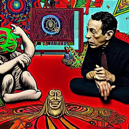 Image similar to Joe Rogan interviewing a psychedelic-DMT, surrealist clock-work Elf, famous painting by R. Crumb and Walt Disney