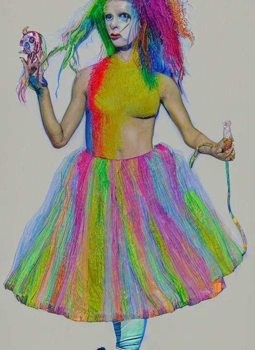 Image similar to surrealism psychedelic full body portrait sketch of thomasin mckenzie as delirium of the endless in fishnet top and rainbow tutu skirt from the sandman, floating goldfish, green and blue eye heterochromia by alex ross, josh kirby, detailed, elegant, intricate