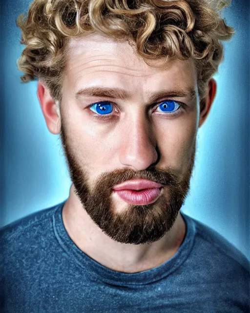 Prompt: portrait of a man in his mid - twenties with dull blue eyes, curly blond hair, short goatee, ultra realistic, epic, highly detailed, hd, sharp focus, cinematic lighting, realistic, dreamy, vivid colors, dreary, morose, matt painting, digital art, non blurry, sharp, artstation, concept art, smooth, comic book style, illustration