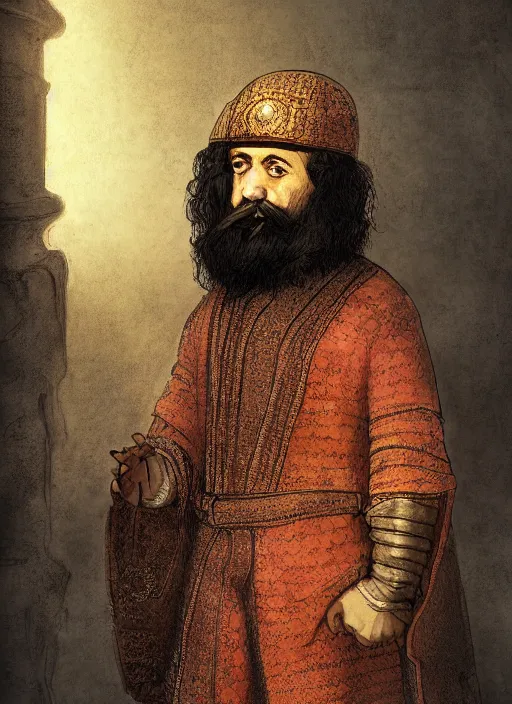 Prompt: middle ages middle eastern colored clothing, middle aged man, dark complexion, well short trimmed beard, 3 / 4 portrait, celestial background, futuristic looking, head and full body view, rembrandt art style, realistic art style