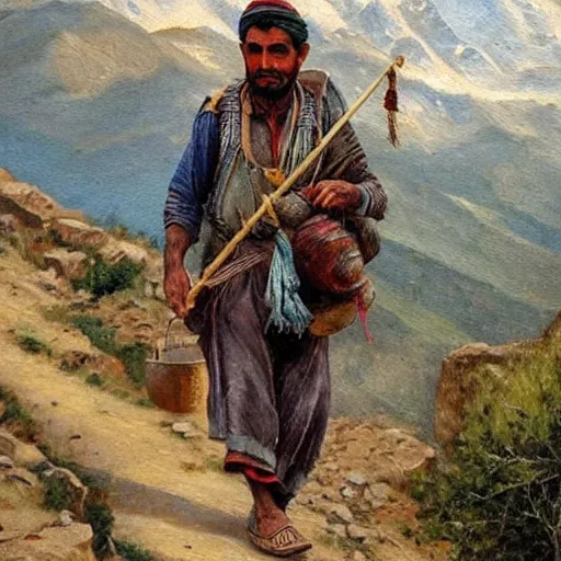 Prompt: kurdish kolbar man walking up a mountain carrying lots of goods on his back, beautiful painting by henry justice ford, incredible detail, award winning art