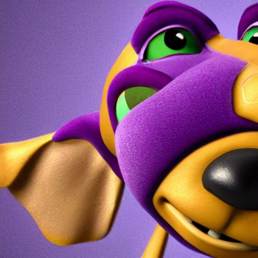 Image similar to an 3d render of a purple dog character, in the style of disney, pixar, mixed media collage, highly detailed, 8k resolution