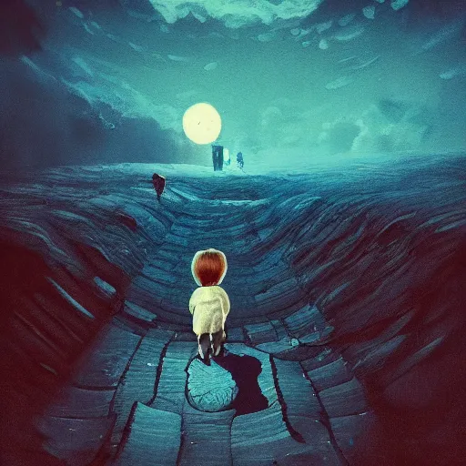 Image similar to a little boy with a blue scarf sits on the moon and looks into the warm abyss of space, he dreams of a terminal future, surreal photography, moon light, dark night, dramatic, impressionist painting, clouds, digital painting, artstation, simon stalenhag