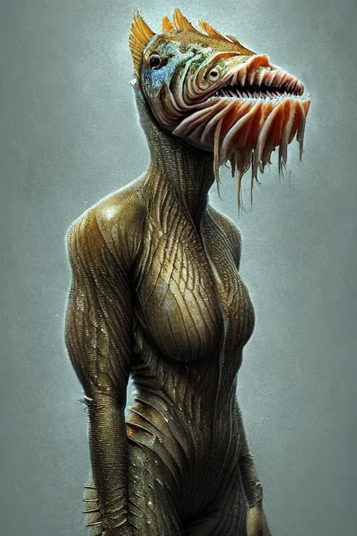 Prompt: epic professional digital art of female human - fish hybrid animal wearing air force jumpsuit, pretty, scaly, humanoid head, fish mouth, painting, by leesha hannigan, iris van herpen, artstation, cgsociety, wlop, epic, much wow, much detail, gorgeous, detailed, cinematic, masterpiece