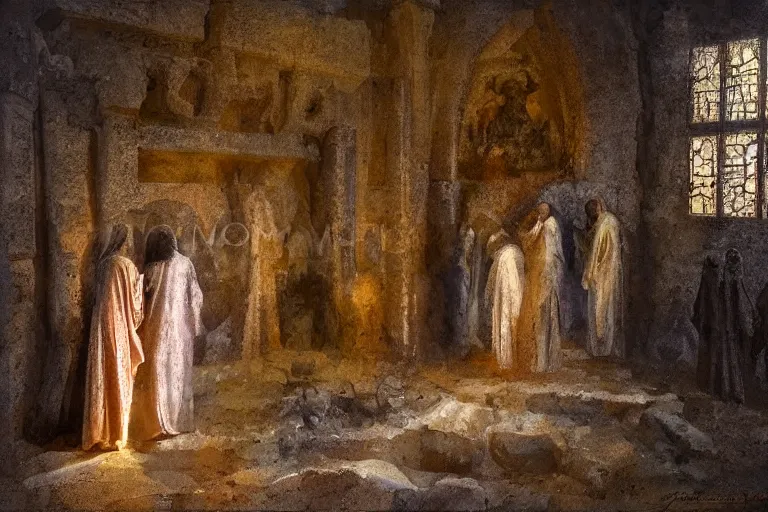 Prompt: inside the tomb of jesus, dark scene, light coming in from the left, small steps leading down, 3 marys crouching in colored robes at the tomb | 2 angels on the right side | medium close | fibonacci composition, by jeremy mann, david palumbo