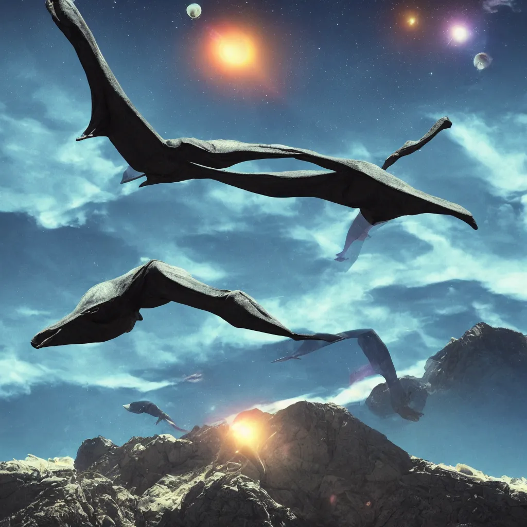 Prompt: organic alien pterodactyl flying over a mountainous alien landscape with visible planets in the sky, refraction, reflections, chromatic aberration, light scatter, ray tracing, dramatic sci-fi movie still