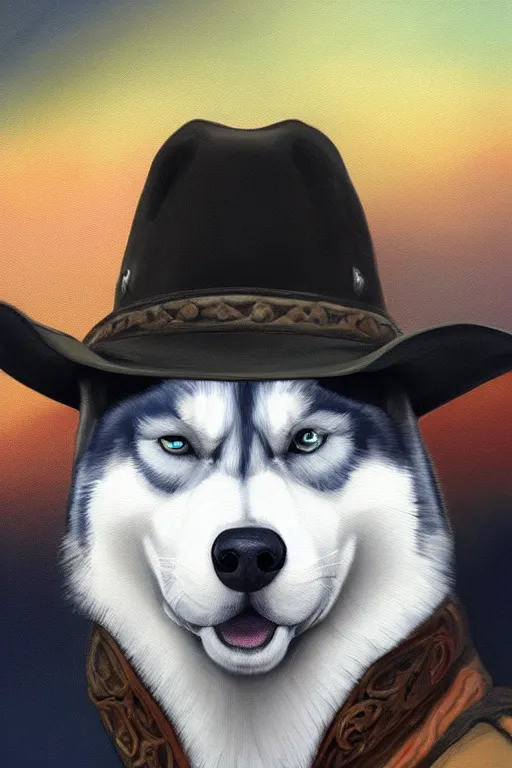 Image similar to a portrait painting of a husky in cowboy costume, wearing a cowboy hat, character design, trending on artstation