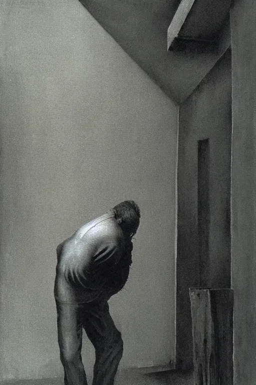 Image similar to horror painting of drunk man in black adidas tracksuit at soviet suburbs, painting by Zdzisław Beksiński