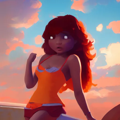 Prompt: upper body illustration of a beautiful latin girl, brown skin, orange hair, small waist, she wears a pretty miniskirt, mattepainting concept blizzard pixar maya engine on stylized background splash comics global illumination lighting artstation, sharp focus, lois van baarle, ilya kuvshinov, rossdraws