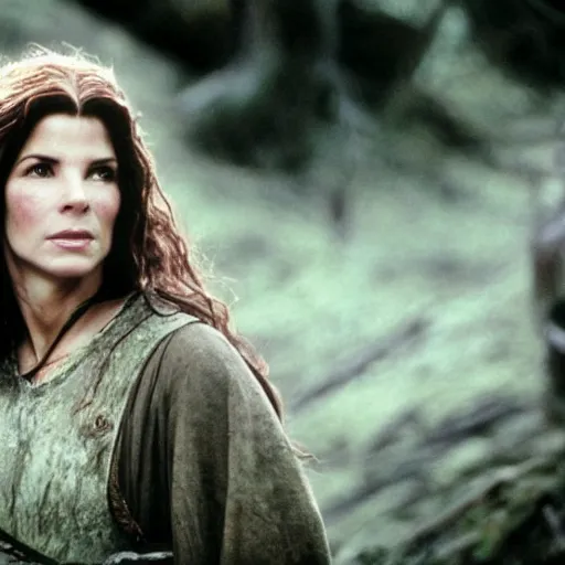 Image similar to first photos of 2 0 2 4 female lotr remake - sandra bullock as baromir, ( eos 5 ds r, iso 1 0 0, f / 8, 1 / 1 2 5, 8 4 mm, postprocessed, crisp face, facial features )