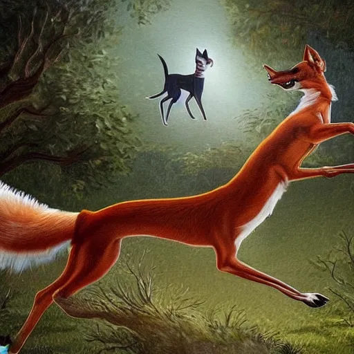 Image similar to a mexican greyhound flaps its wings dramatically as a crafty fox jumps out from behind a tree to take it down, fantasy art