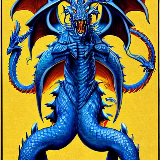 Image similar to half length portrait of a medieval d & d fantasy anthropomorphic blue dragon, d & d rulebook cover art by jeff easley