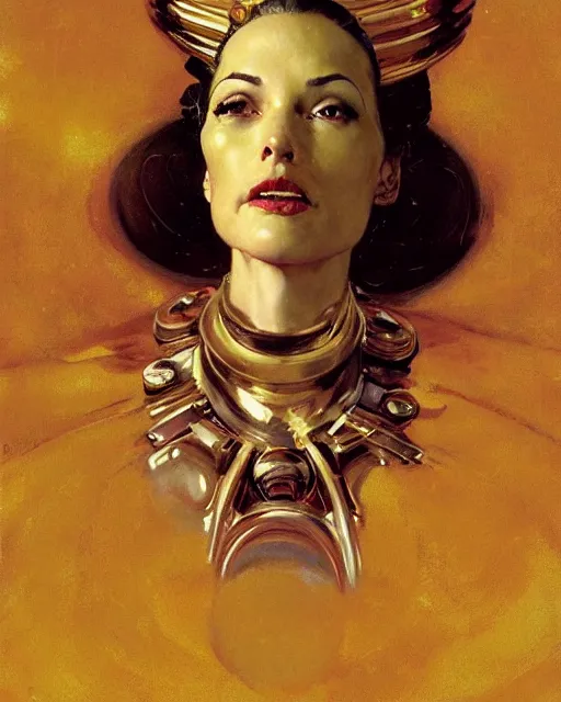 Image similar to head portrait of striking mature space woman, empress in golden robes, by norman rockwell, roberto ferri, daniel gerhartz, edd cartier, jack kirby, howard v brown, ruan jia, tom lovell, frank r paul, dean cornwell, astounding stories, amazing, fantasy, other worlds