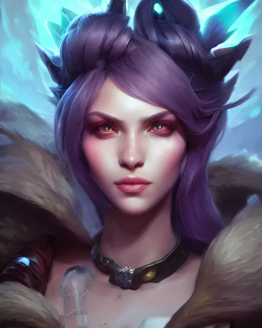 Image similar to league of legends portrait, au naturel, hyper detailed, digital art, trending in artstation, cinematic lighting, studio quality, smooth render, unreal engine 5 rendered, octane rendered, art style by klimt and nixeu and ian sprigger and wlop and krenz cushart.