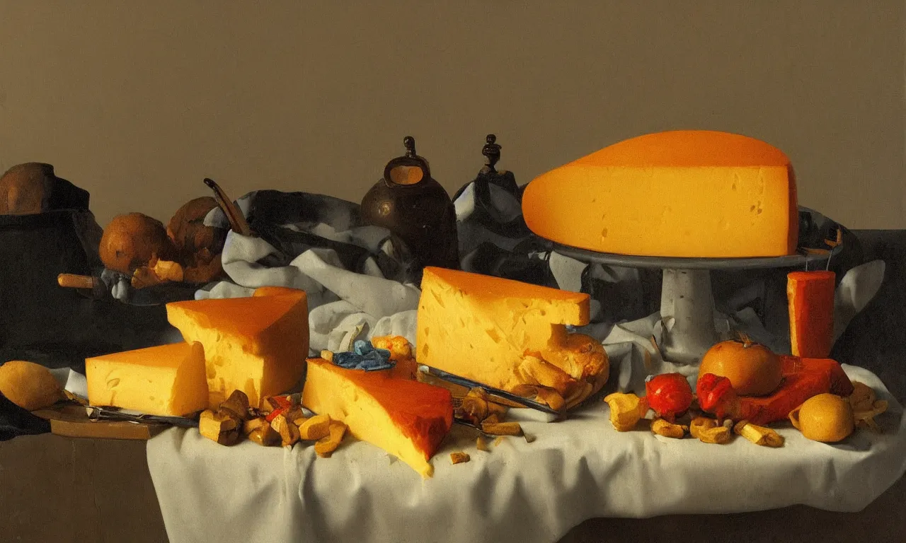 Image similar to still life of a juicy cheesebuger painted by Johannes Vermeer, vivid colors, high details, cinematic, 8k resolution, beautiful detailed, photorealistic, digital painting, artstation, concept art, smooth, sharp focus, illustration, fantasy background, artstation trending, octane render, unreal engine