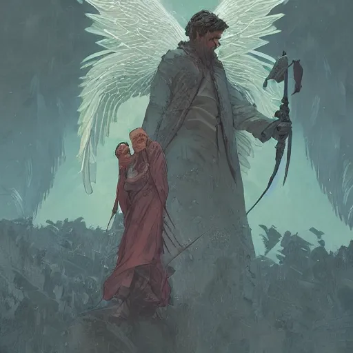 Image similar to angel protecting man, detailed intricate ink illustration, happy atmosphere, detailed illustration, hd, 4k, digital art, overdetailed art, by greg rutkowski, by loish, complementing colors, Trending on artstation, movie poster style, vector art style, Ghibli studio, blender render, studio light