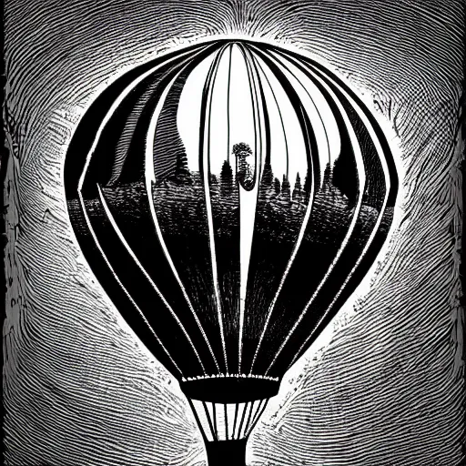 Prompt: a small victorian air balloon over a fantasy landscape, line art illustration , black and white, intricate details