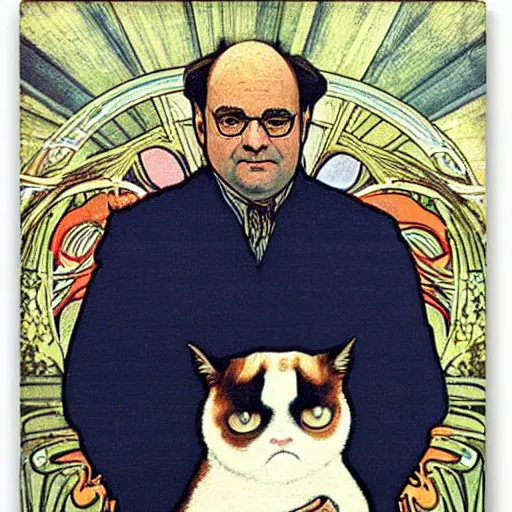 Image similar to “ portrait of george costanza from seinfeld holding grumpy cat, art nouveau, by alphonse mucha ”