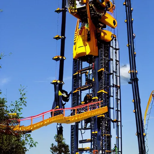 Prompt: stock photo of the theme park ride called “the power loader mech” vertical drop ride by James Cameron