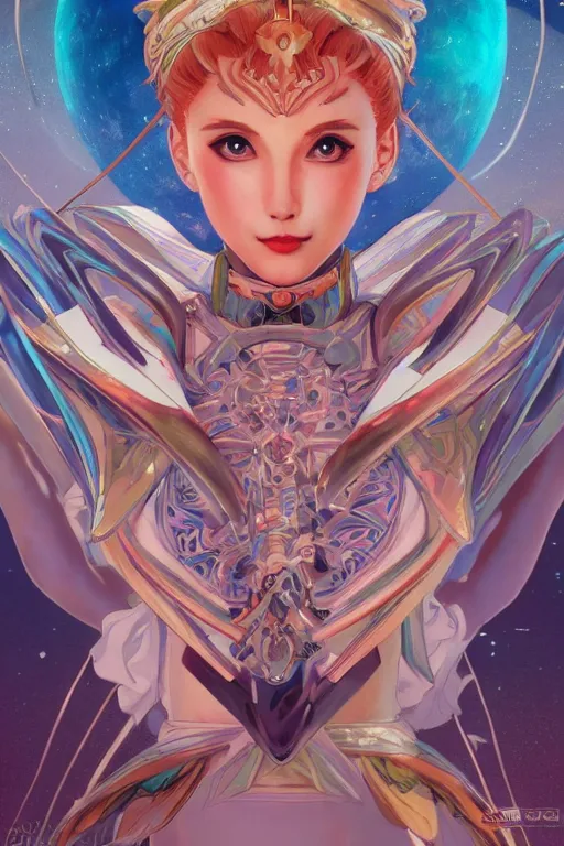 Image similar to symmetry!! portrait of sailor moon! alien in the style of horizon zero dawn, machine face, intricate, elegant, highly detailed, digital painting, artstation, concept art, smooth, sharp focus, illustration, art by artgerm and greg rutkowski and alphonse mucha, 8 k