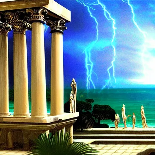 Image similar to Doric temple on front of balustrade and palace columns, refracted lightnings on the ocean, thunderstorm, tarot cards characters, beach and Tropical vegetation on the background major arcana sky and occult symbols, by paul delaroche, hyperrealistic 4k uhd, award-winning, very detailed paradise