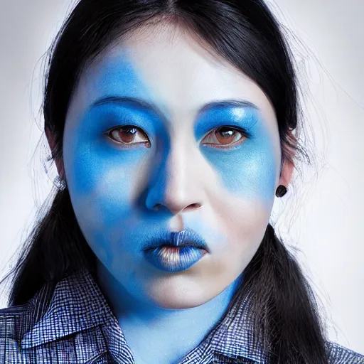 Image similar to photograph of an woman with blue skin, wearing a checked shirt, fantasy, portrait, peter xiao