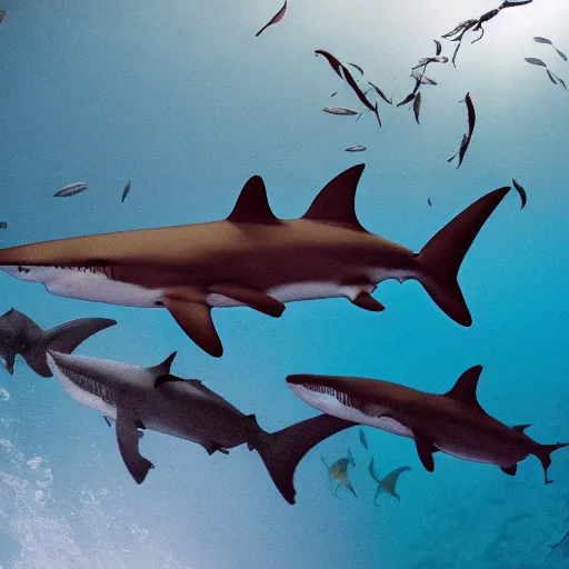 Image similar to a grouping of sharks being spun around in the air of a tornado, so the sharks are swimming and traveling in a vortex above the ocean water