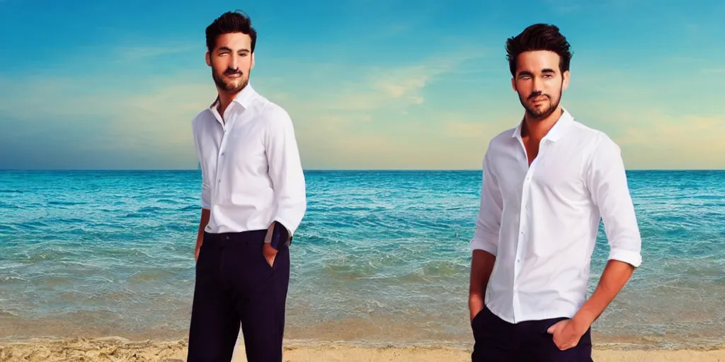 Image similar to a handsome guy is standing tall, in a beautiful shirt, with the beach, sea, sun, rays in the background? super detail, one character