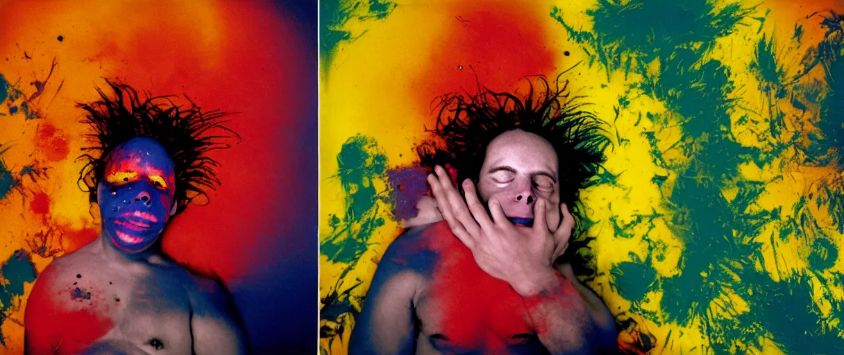 Image similar to award winning photo of a todd solondz charles thompson iv becoming one with the universe, sad and happy, crying and smiling franticly, vivid colors, happy, symmetrical face, beautiful eyes, studio lighting, wide shot art by sally mann & arnold newman