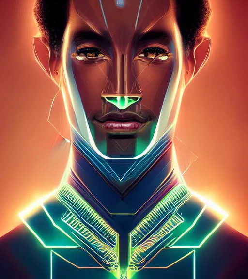 Image similar to symmetry!! egyptian prince of technology, solid cube of light, hard edges, product render retro - futuristic poster scifi, lasers and neon circuits, brown skin man egyptian prince, intricate, elegant, highly detailed, digital painting, artstation, concept art, smooth, sharp focus, illustration, dreamlike, art by artgerm