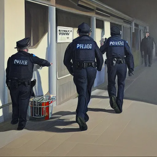 Prompt: hyperrealism painting of a police search of a suspicious person