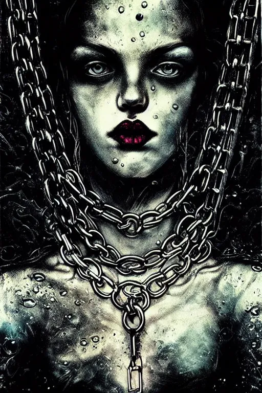 Image similar to dreamy gothic girl, black leather slim clothes, chains, underwater, beautiful body, detailed acrylic, grunge, intricate complexity, by dan mumford and by alberto giacometti, peter lindbergh
